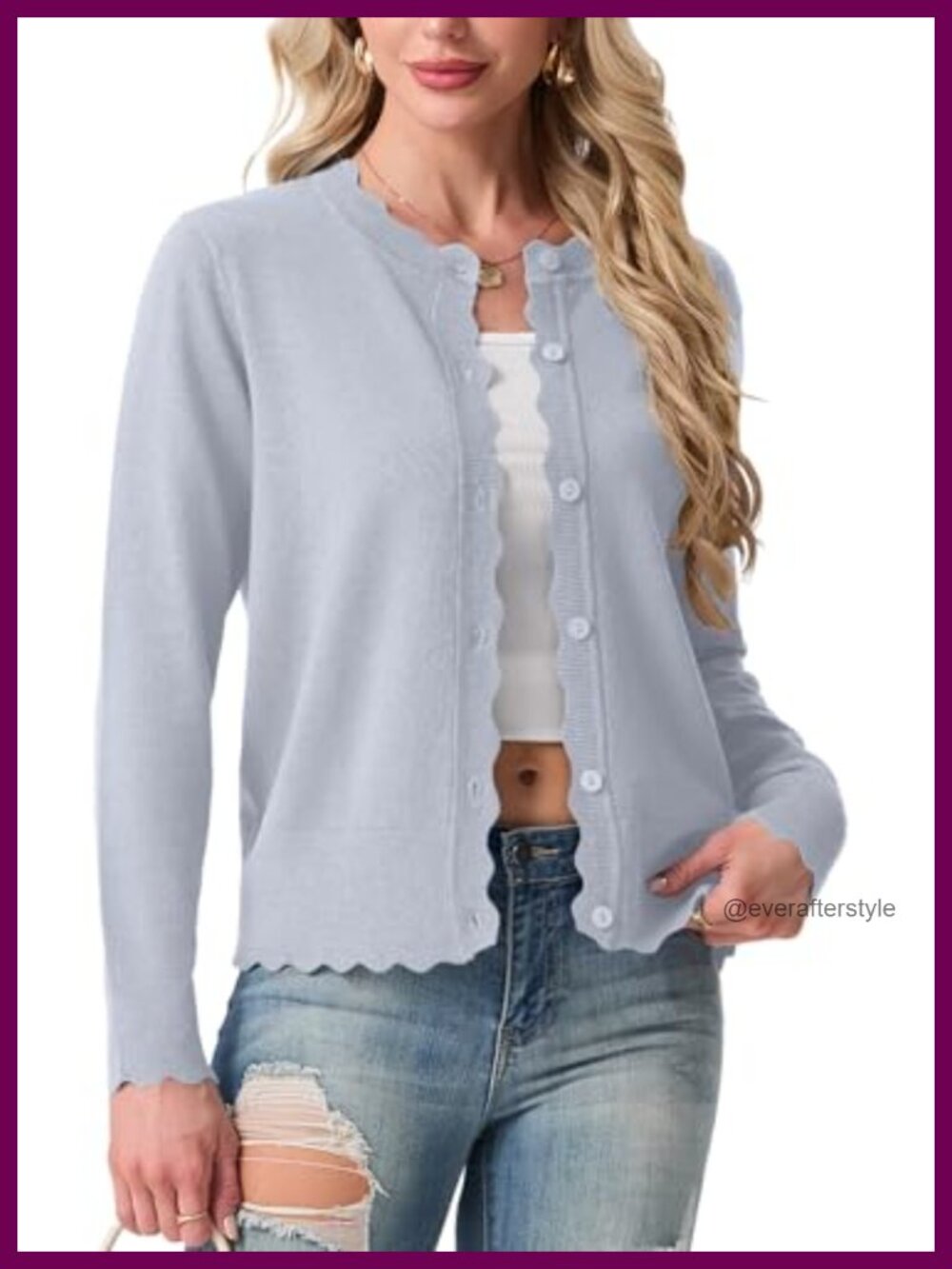 Knit Button-Up Cardigan Sweater Long Sleeve Scalloped Trim Casual Office Layer